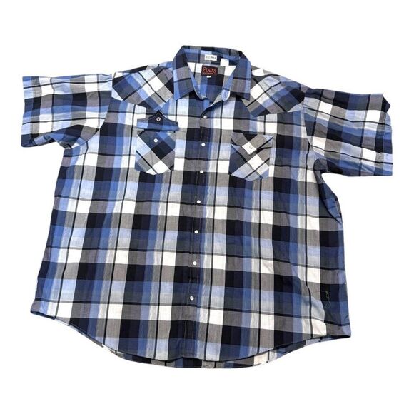 Plaid Big Man Western Shirt 3X By Plains Western Wear Blue & Black Pearl Snap - Picture 1 of 4